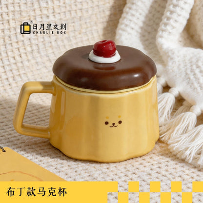 布丁款帶蓋陶瓷馬克杯 可愛櫻桃水杯 家用辦公咖啡早餐杯 Pudding-shaped Ceramic Mug with Lid, Cute Cherry Water Cup for Home & Office