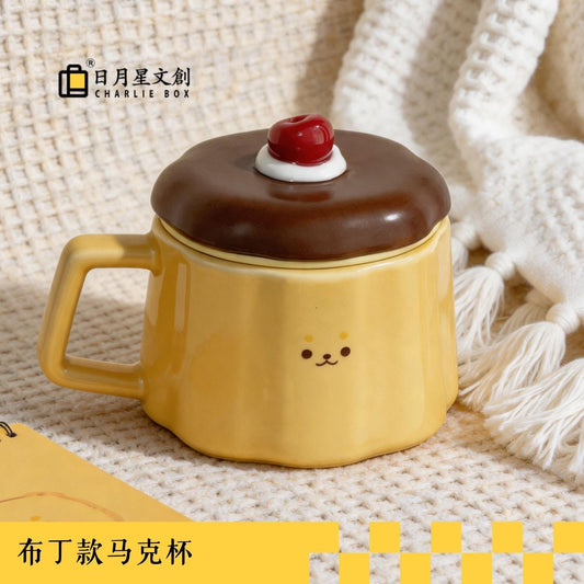 布丁款帶蓋陶瓷馬克杯 可愛櫻桃水杯 家用辦公咖啡早餐杯 Pudding-shaped Ceramic Mug with Lid, Cute Cherry Water Cup for Home & Office