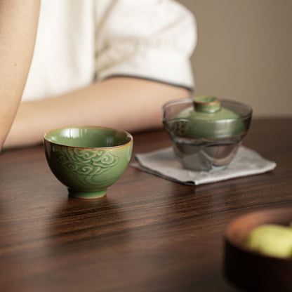 竹青色開片青瓷祥雲便攜快客杯 一壺兩杯透明收納包 新中式禪意出差隨身功夫茶具 Bamboo Green Crackle Celadon Cloud Travel Tea Set with Transparent Carry Pouch