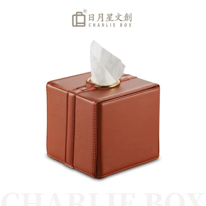 復古方形圓環頂出紙皮質紙巾盒 輕奢辦公室茶几抽紙盒 商務桌面收納盒 Vintage Square Leather Tissue Box with Top Metal Ring, Business Desktop Napkin Holder
