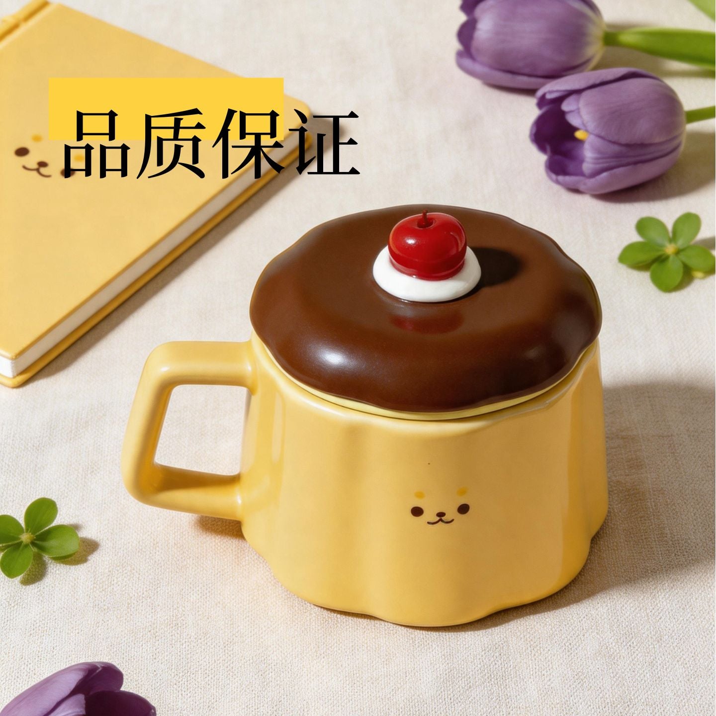布丁款帶蓋陶瓷馬克杯 可愛櫻桃水杯 家用辦公咖啡早餐杯 Pudding-shaped Ceramic Mug with Lid, Cute Cherry Water Cup for Home & Office