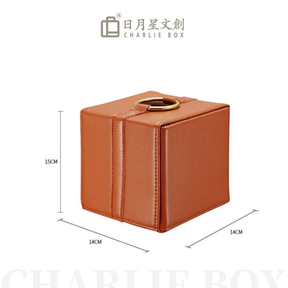復古方形圓環頂出紙皮質紙巾盒 輕奢辦公室茶几抽紙盒 商務桌面收納盒 Vintage Square Leather Tissue Box with Top Metal Ring, Business Desktop Napkin Holder