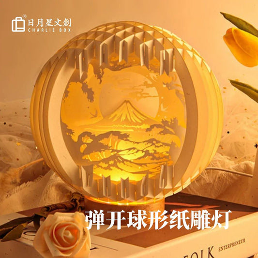 富士山彈開球形立體紙雕燈 原木底座360°環繞光影小夜燈 日式和風桌面文創紀念擺件 Mount Fuji Foldable Sphere Paper Carving Lamp, 360° Surround Japanese Style Night Light
