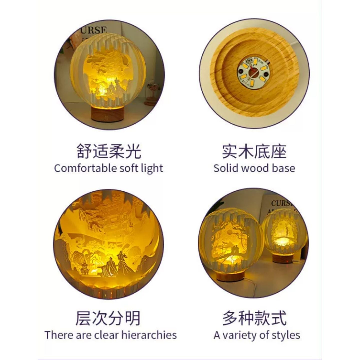 富士山彈開球形立體紙雕燈 原木底座360°環繞光影小夜燈 日式和風桌面文創紀念擺件 Mount Fuji Foldable Sphere Paper Carving Lamp, 360° Surround Japanese Style Night Light