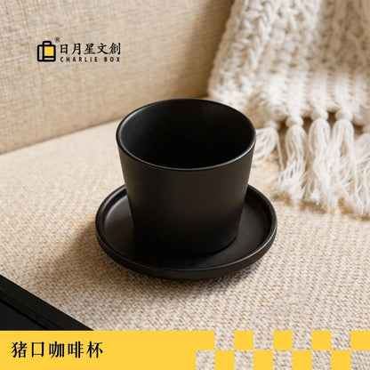 啞光黑豬口陶瓷咖啡杯 日式極簡水杯 家用辦公下午茶杯碟套裝 Matte Black Japanese-style Coffee Cup with Saucer, Minimalist Ceramic Set