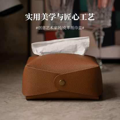 軟質荔枝紋按扣皮質紙巾盒 簡約可折疊抽紙盒 客廳臥室便攜紙巾收納袋 Soft Litchi Grain Snap Button Leather Tissue Box, Foldable Portable Napkin Case