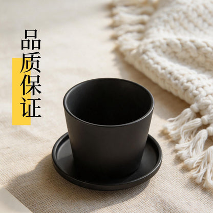 啞光黑豬口陶瓷咖啡杯 日式極簡水杯 家用辦公下午茶杯碟套裝 Matte Black Japanese-style Coffee Cup with Saucer, Minimalist Ceramic Set