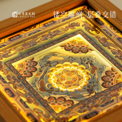敦煌藻井好運蓮蓮多層紙雕燈 原木實木框國風氛圍燈 敦煌文創商務年會伴手禮擺件 Dunhuang Caisson Lotus Pattern Multi-layer Paper Carving Lamp, Chinese Style Corporate Gift Light