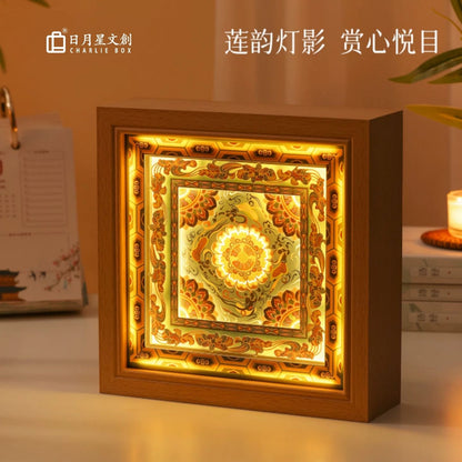 敦煌藻井好運蓮蓮多層紙雕燈 原木實木框國風氛圍燈 敦煌文創商務年會伴手禮擺件 Dunhuang Caisson Lotus Pattern Multi-layer Paper Carving Lamp, Chinese Style Corporate Gift Light