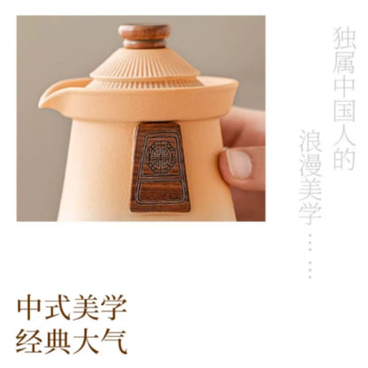 漸變橙綠豎紋陶瓷便攜快客杯 一壺三杯木蓋隨身茶具 戶外辦公 ins 風迷你功夫泡茶套裝 Gradient Orange-Green Vertical Texture Ceramic Travel Tea Set with 3 Cups, Ins Style Portable