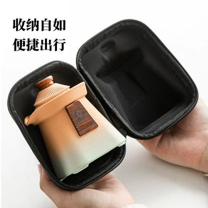 漸變橙綠豎紋陶瓷便攜快客杯 一壺三杯木蓋隨身茶具 戶外辦公 ins 風迷你功夫泡茶套裝 Gradient Orange-Green Vertical Texture Ceramic Travel Tea Set with 3 Cups, Ins Style Portable