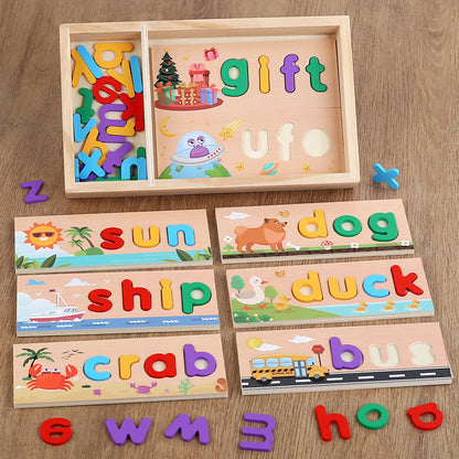 兒童木盒拼單詞遊戲英文字母早教認知拼寫幼稚園教具益智玩具 Kids Wooden Box Spelling Word Game, English Letter Early Education Cognitive Spelling Kindergarten Teaching Aids Educational Toys