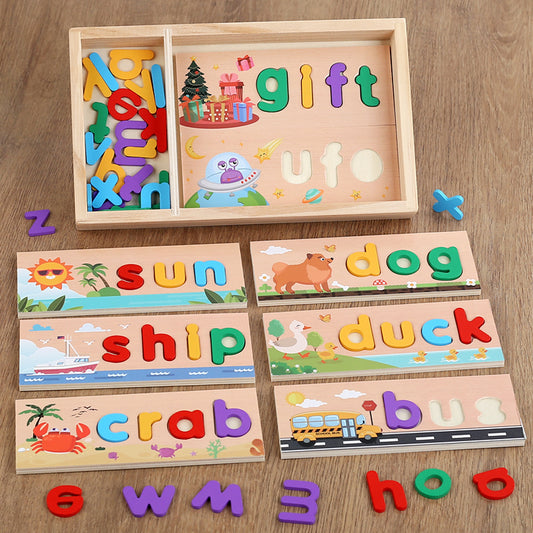 兒童木盒拼單詞遊戲英文字母早教認知拼寫幼稚園教具益智玩具 Kids Wooden Box Spelling Word Game, English Letter Early Education Cognitive Spelling Kindergarten Teaching Aids Educational Toys