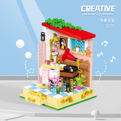 微顆粒積木街景畫室童話小鎮陽光花房建築拼裝兒童玩具女孩 Micro particle building blocks, street view art studio, fairy tale town, sunshine flower house, building assembly, children's toys, girls