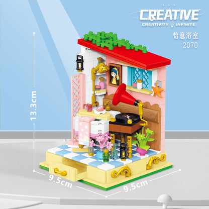 微顆粒積木街景畫室童話小鎮陽光花房建築拼裝兒童玩具女孩 Micro particle building blocks, street view art studio, fairy tale town, sunshine flower house, building assembly, children's toys, girls