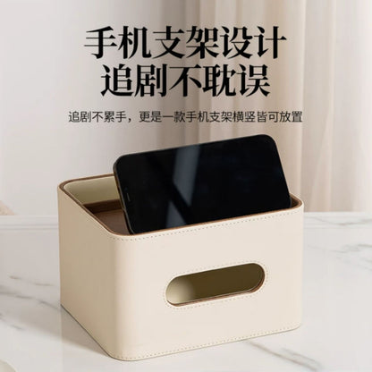 木蓋多功能分區皮革紙巾盒 桌面遙控器收納盒 現代簡約客廳茶幾抽紙盒 Wood Lid Multi-compartment Leather Tissue Box, Desktop Storage Caddy for Tissue & Remote Controls