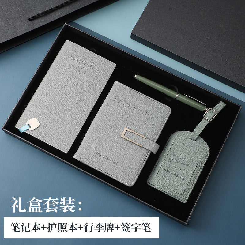 行李牌護照夾筆記本禮盒套裝pu皮加厚護照本套可定制加印LOGO PU Leather Gift Box Set Including Luggage Tag, Passport Holder and Notebook, Thickened Passport Cover, Customizable with Printed Logo