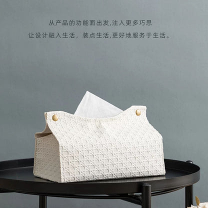 PU藤編紋理紙巾盒 奶油風仿藤抽紙盒 日式簡約桌面軟裝皮革收納紙巾袋 PU Rattan Texture Tissue Bag, Cream Style Faux Rattan Tissue Holder for Japanese Home Decor