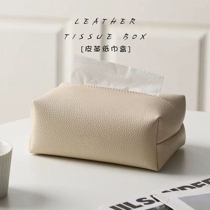 荔枝紋軟皮皮革紙巾盒 極簡奶油風桌面抽紙盒 臥室客廳溫柔風軟裝收納袋 Litchi Grain Soft Leather Tissue Box, Minimalist Cream Style Desktop Tissue Holder