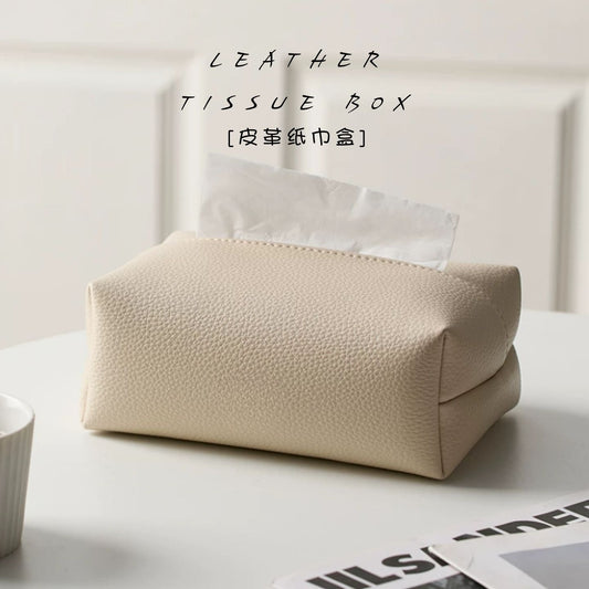 荔枝紋軟皮皮革紙巾盒 極簡奶油風桌面抽紙盒 臥室客廳溫柔風軟裝收納袋 Litchi Grain Soft Leather Tissue Box, Minimalist Cream Style Desktop Tissue Holder