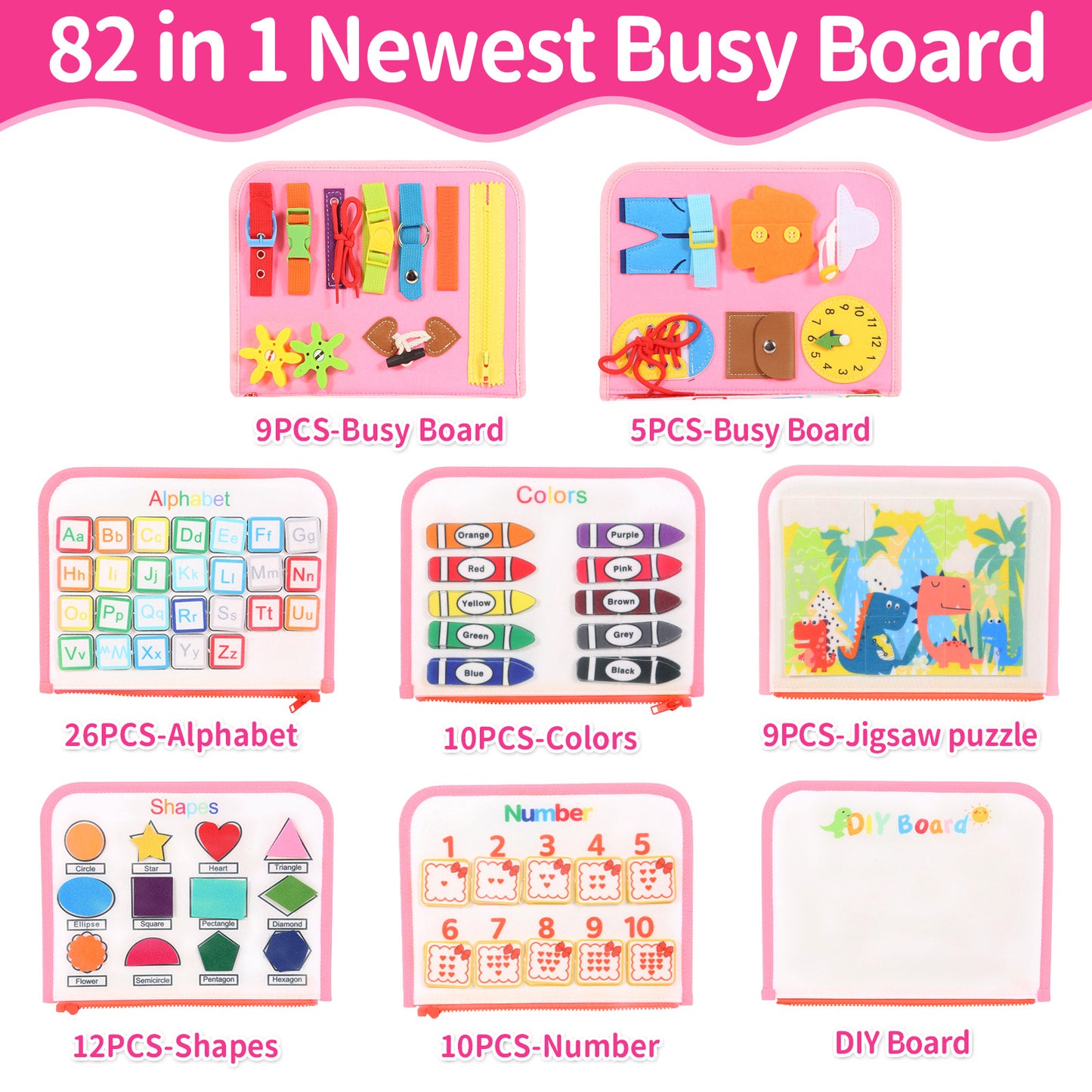 粉色-幼兒早教玩具蒙特梭利忙碌板-可拆卸頁面的8合1感官活動書，適合旅行的精細運動技能和學前教育學習玩具 Pink - Montessori Busy Board for Early Childhood Education Toys -8-in-1 Sensory Activity Book with Detachable Pages, Suitable for Travel Fine Motor Skills and Preschool Education Learning Toys