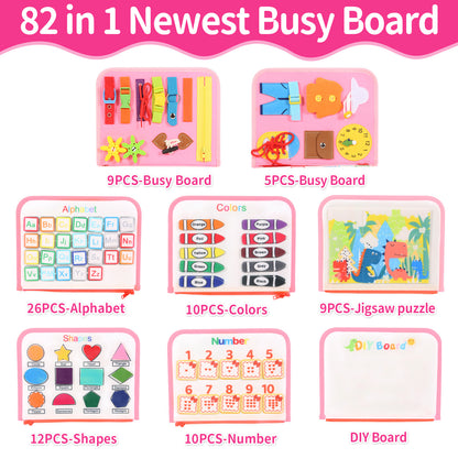 粉色-幼兒早教玩具蒙特梭利忙碌板-可拆卸頁面的8合1感官活動書，適合旅行的精細運動技能和學前教育學習玩具 Pink - Montessori Busy Board for Early Childhood Education Toys -8-in-1 Sensory Activity Book with Detachable Pages, Suitable for Travel Fine Motor Skills and Preschool Education Learning Toys