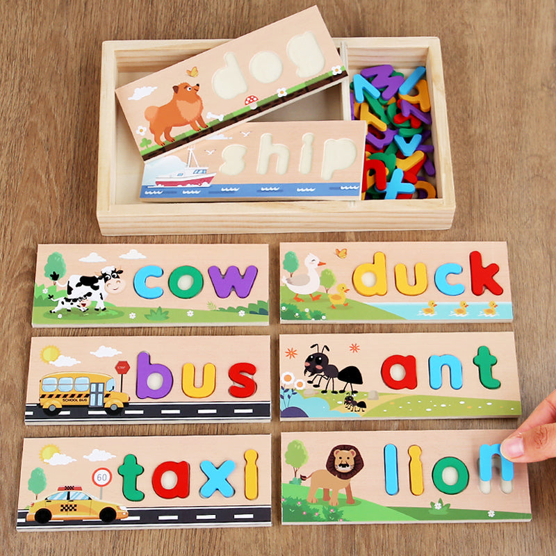兒童木盒拼單詞遊戲英文字母早教認知拼寫幼稚園教具益智玩具 Kids Wooden Box Spelling Word Game, English Letter Early Education Cognitive Spelling Kindergarten Teaching Aids Educational Toys