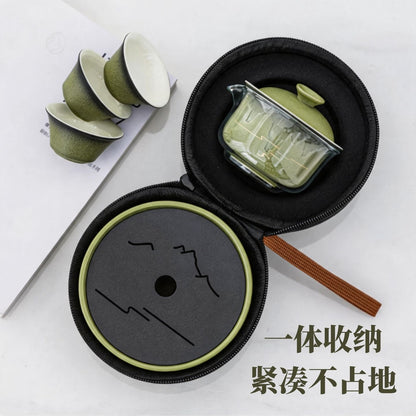 綠水青山描金陶瓷快客杯 國風便攜一壺三杯 戶外出差隨身功夫茶具套裝 Green Mountain Gilded Ceramic Travel Tea Set, Portable Chinese Kung Fu Tea Kit