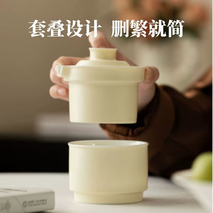 奶黃啞光一人飲陶瓷快客杯 極簡隨身泡茶壺 單人辦公出差便攜茶具 Cream Yellow Matte Single-Serve Ceramic Travel Tea Pot, Minimalist Office Tea Set