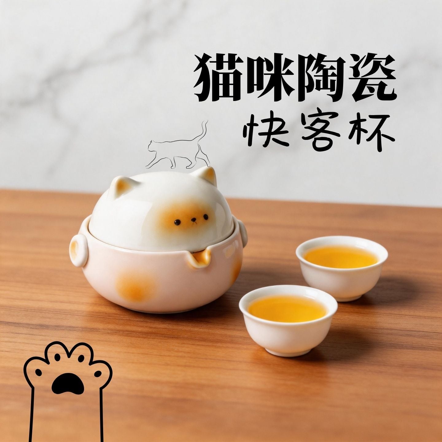 可愛橘貓卡通陶瓷快客杯 疊放收納一壺兩杯 少女心隨身旅行泡茶茶具 Cute Orange Cat Stackable Ceramic Travel Tea Set, Girly Portable Mini Tea Kit