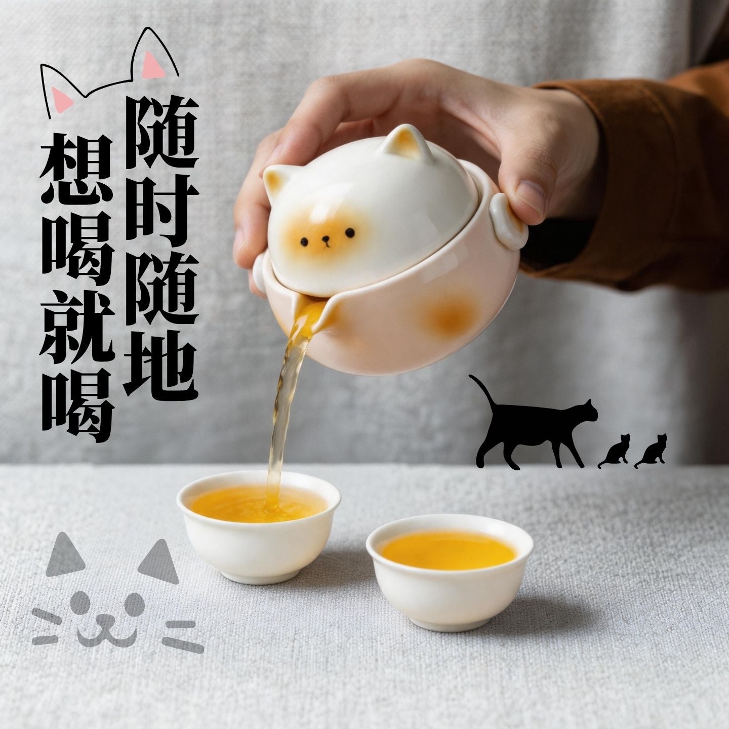 可愛橘貓卡通陶瓷快客杯 疊放收納一壺兩杯 少女心隨身旅行泡茶茶具 Cute Orange Cat Stackable Ceramic Travel Tea Set, Girly Portable Mini Tea Kit