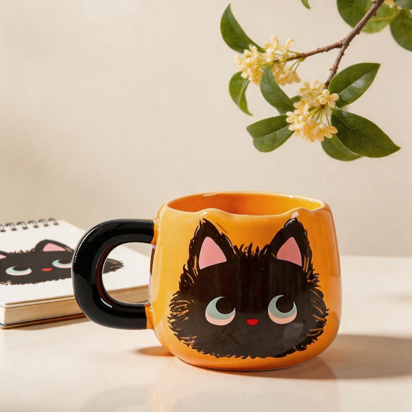 可愛橘底小黑貓陶瓷馬克杯 Cute Black Cat Ceramic Mug with Orange Base