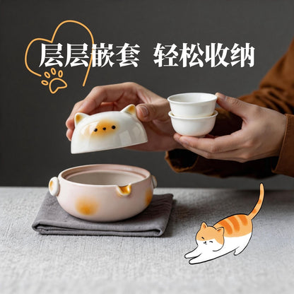可愛橘貓卡通陶瓷快客杯 疊放收納一壺兩杯 少女心隨身旅行泡茶茶具 Cute Orange Cat Stackable Ceramic Travel Tea Set, Girly Portable Mini Tea Kit