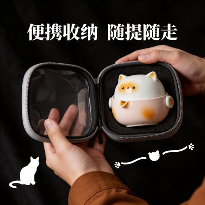 可愛橘貓卡通陶瓷快客杯 疊放收納一壺兩杯 少女心隨身旅行泡茶茶具 Cute Orange Cat Stackable Ceramic Travel Tea Set, Girly Portable Mini Tea Kit