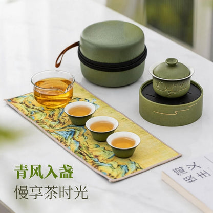 綠水青山描金陶瓷快客杯 國風便攜一壺三杯 戶外出差隨身功夫茶具套裝 Green Mountain Gilded Ceramic Travel Tea Set, Portable Chinese Kung Fu Tea Kit