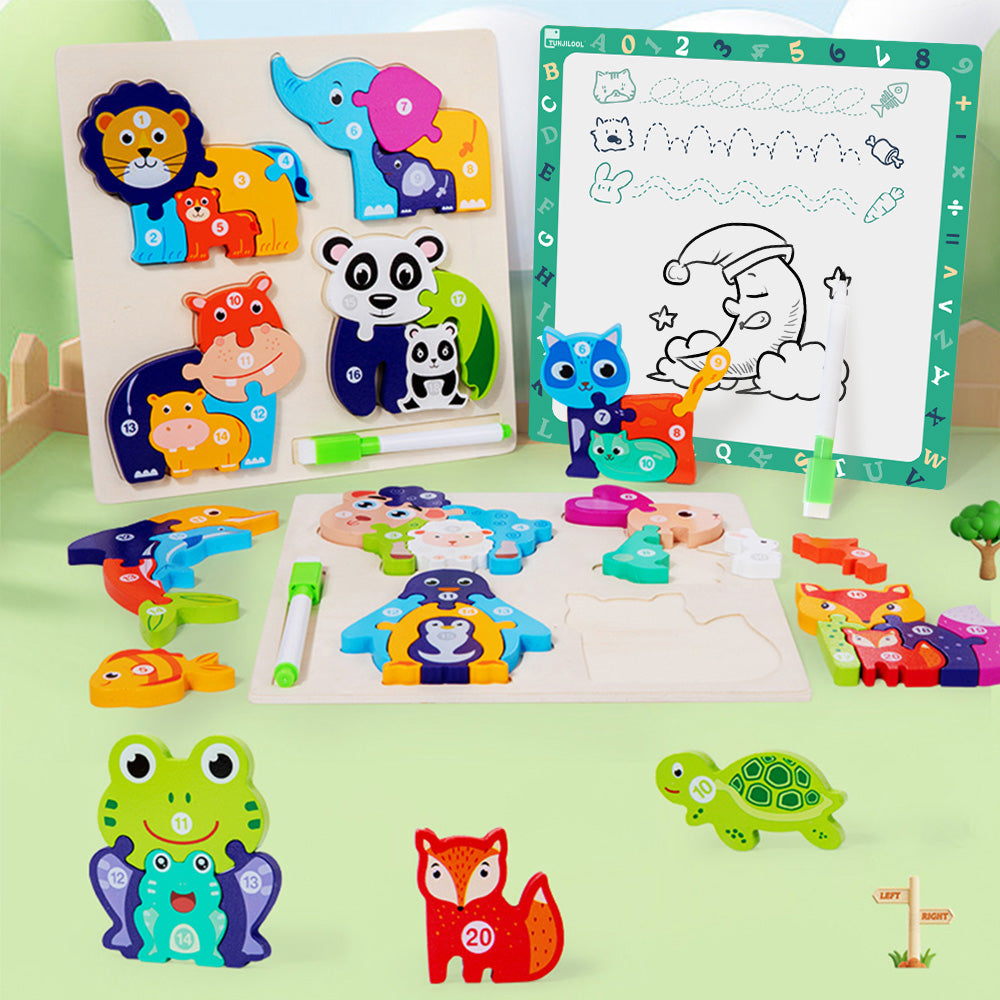 兒童木質3D立體拼圖嵌板拼圖早教益智遊戲動物認知雙面畫板玩具 Children's wooden 3D puzzle panel puzzle early education puzzle game animal cognition double-sided drawing board toy