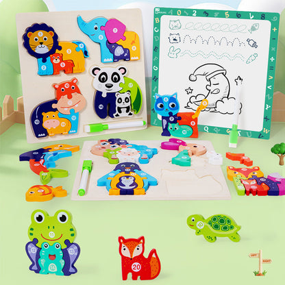 兒童木質3D立體拼圖嵌板拼圖早教益智遊戲動物認知雙面畫板玩具 Children's wooden 3D puzzle panel puzzle early education puzzle game animal cognition double-sided drawing board toy