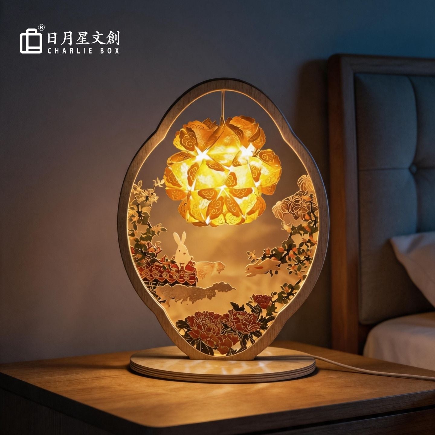 中秋玉兔牡丹花球橢圓木框紙雕燈 新中式立體花燈 中秋節日國風桌面氛圍小夜燈 Mid-Autumn Rabbit Peony Flower Ball Oval Wood Frame Paper Lamp, Chinese Festival Decor Light