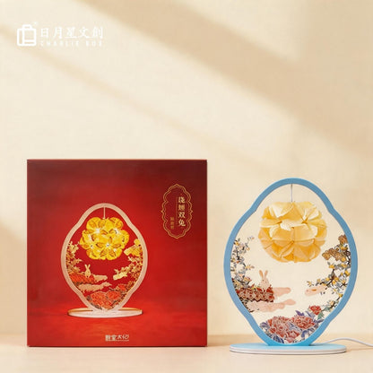 中秋玉兔牡丹花球橢圓木框紙雕燈 新中式立體花燈 中秋節日國風桌面氛圍小夜燈 Mid-Autumn Rabbit Peony Flower Ball Oval Wood Frame Paper Lamp, Chinese Festival Decor Light