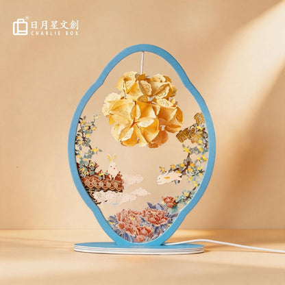中秋玉兔牡丹花球橢圓木框紙雕燈 新中式立體花燈 中秋節日國風桌面氛圍小夜燈 Mid-Autumn Rabbit Peony Flower Ball Oval Wood Frame Paper Lamp, Chinese Festival Decor Light