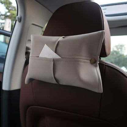 車載綁帶式皮革紙巾盒 座椅靠背掛式抽紙袋 汽車內飾簡約輕奢紙巾收納包 Car Strap-on Leather Tissue Bag, Hanging Tissue Holder for Car Seat Backrest