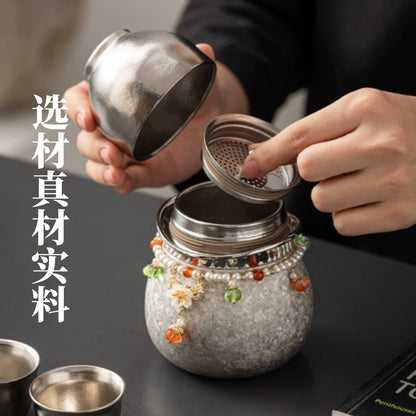國風純鈦葫蘆便攜旅行茶具 輕奢串珠一壺兩杯 戶外出差雙人隨身功夫快客杯 Chinese Style Pure Titanium Gourd Travel Tea Set, Portable Two-Person Kung Fu Tea Kit