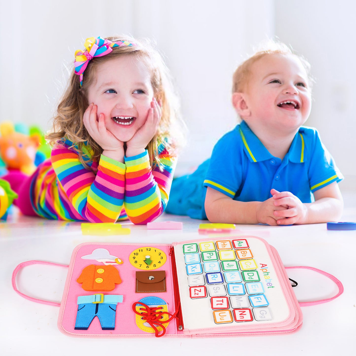 粉色-幼兒早教玩具蒙特梭利忙碌板-可拆卸頁面的8合1感官活動書，適合旅行的精細運動技能和學前教育學習玩具 Pink - Montessori Busy Board for Early Childhood Education Toys -8-in-1 Sensory Activity Book with Detachable Pages, Suitable for Travel Fine Motor Skills and Preschool Education Learning Toys