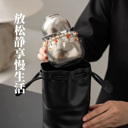 國風純鈦葫蘆便攜旅行茶具 輕奢串珠一壺兩杯 戶外出差雙人隨身功夫快客杯 Chinese Style Pure Titanium Gourd Travel Tea Set, Portable Two-Person Kung Fu Tea Kit
