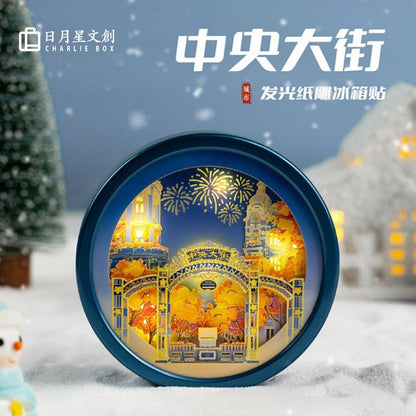 大宋開封盛世多層立體紙雕冰箱貼燈 紅圓框磁吸氛圍小夜燈 開封西安城市文旅紀念國風文創擺件 Great Song Kaifeng Prosperity Magnetic Paper Carving Fridge Magnet Lamp, City Cultural Souvenir Night Light