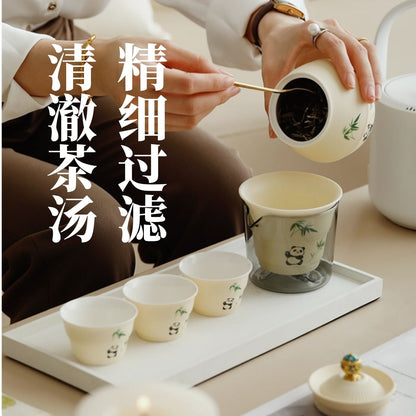 軟萌熊貓翠竹文創旅行茶具 一壺三杯公道杯 國潮可愛學生通勤便攜泡茶套裝 Cute Panda Bamboo Cultural Travel Tea Set, National Trend Portable Tea Kit for Commute