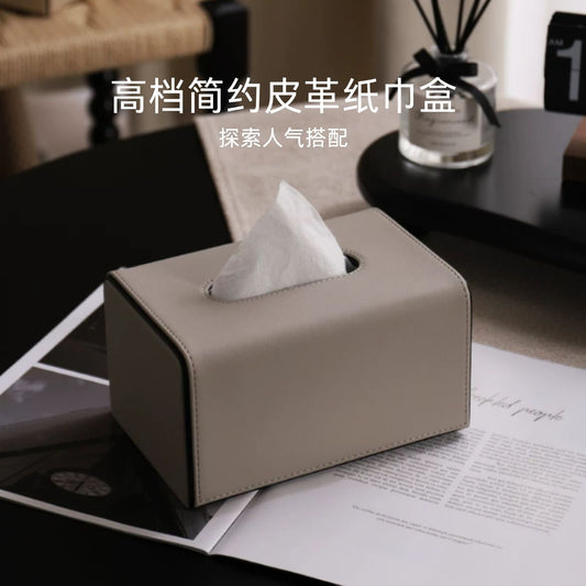 極簡明線縫製皮革紙巾盒 輕奢風桌面抽紙盒 客廳臥室樣板房軟裝收納盒 Minimalist Stitched Leather Tissue Box, Luxury Napkin Box for Showroom & Home