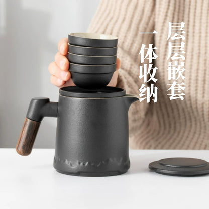 山巒黑陶茶水分離便攜旅行茶具 一壺四杯帶內膽 商務戶外大容量功夫快客杯 Mountain Pattern Black Clay Tea Separation Travel Tea Set, Large Capacity Kit for 4 Peopleung Fu Tea Kit