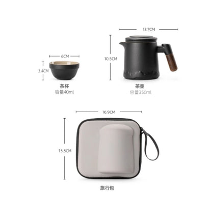 山巒黑陶茶水分離便攜旅行茶具 一壺四杯帶內膽 商務戶外大容量功夫快客杯 Mountain Pattern Black Clay Tea Separation Travel Tea Set, Large Capacity Kit for 4 Peopleung Fu Tea Kit