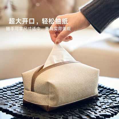 人字紋布藝拼皮革紙巾袋 日式復古桌面抽紙袋 民宿軟裝氛圍感紙巾收納包 Herringbone Fabric Leather Trim Tissue Pouch, Japanese Style Napkin Bag